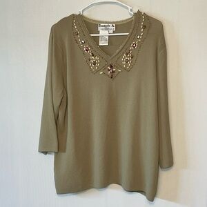 COPY - Joseph A Women's Sweater Top Size 2X Green Beaded V Neck Detail 3/4 Slee…